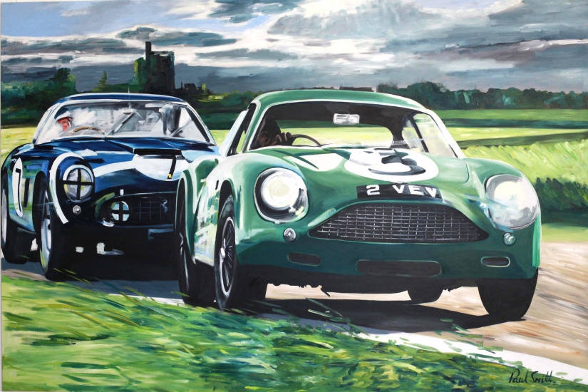 1961 Goodwood TT, Jim Clark drives the Aston Martin DB4 GT Zagato, Followed by Stirling Moss in the winning Ferrari 250 GT SWB|Oil on canvas, 72 x 108 inches (183 x 275 cm)|SOLD