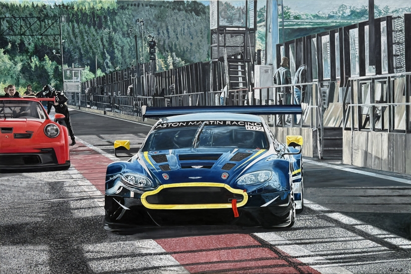 Aston Martin Vantage GT3 ariving in pit lane at Spa|.Original oil paint on linen painting by artist Paul Smith.|H72 x L108 inches (H183 x L275 cm).|SOLD