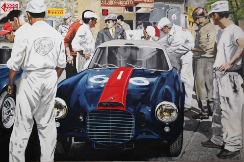 Mille Miglia 1953, Lancia D20 driven by Barovero and Biondetti.|Original oil on linen canvas painting by artist Paul Smith.|72 x 108 inches ( 183 x 275 cm).|SOLD