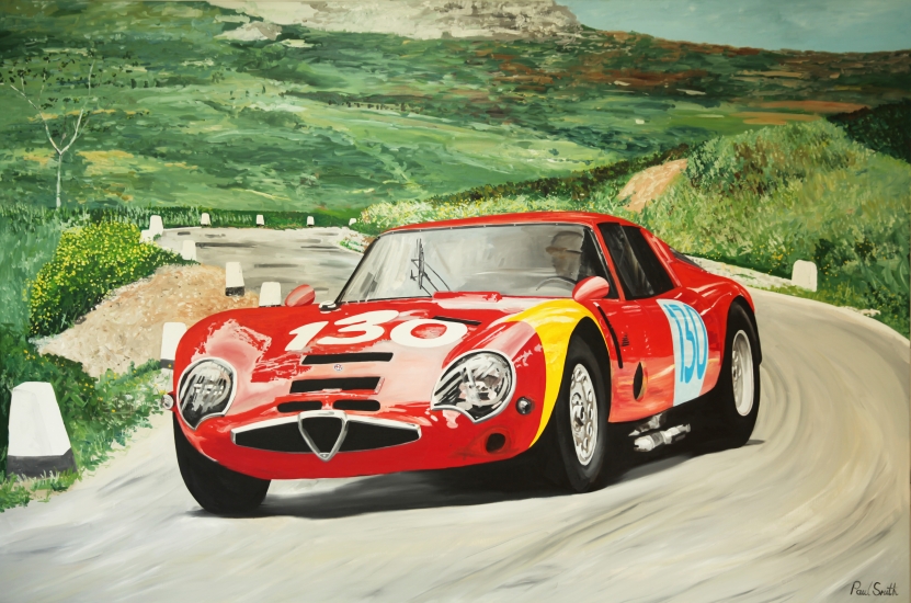 1966 Targa Florio, Luciano Bianchi, Roberto Bussinello.|Alfa Romeo Giulia TZ 2.| Original oil paint on Linen Canvas.|Painting by Artist Paul Smith.|72 x 108 inches (183 x 275 cm).|SOLD