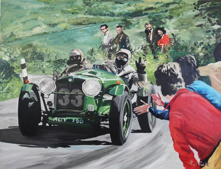 Nicola and Dam  driving a MG NA in a mountain rally.|Original Oil on Linen Canvas Painting by artist Paul Smith.|100 x 130 cm.|SOLD