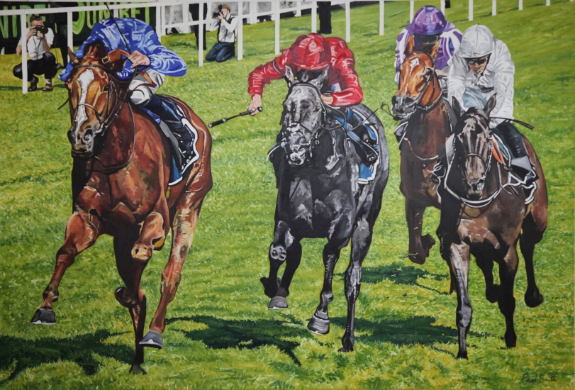 Masar wins 2018 Epsom Derby.|Original Oil on Linen Canvas painting by artist Paul Smith.|72 x 108 inches (183 x 275 cm).|Sold.|