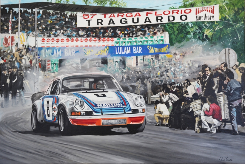 1973 Targa Florio,Porsche 911 RSR.|Original oil on linen canvas painting by artist Paul Smith.|100 x 150 cm.|Sold