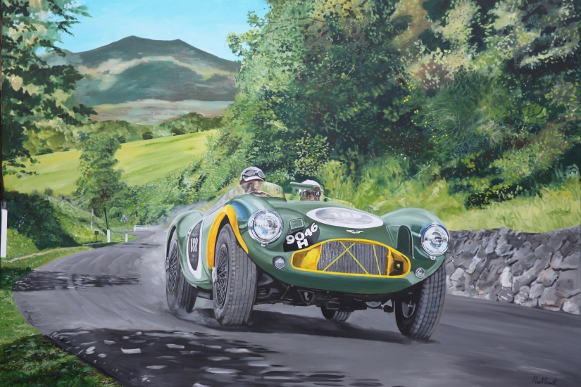 Aston Martin DB3S,1953.|In the Mille Miglia.|Original oil paint on linen canvas painting by artist Paul Smith.|72 x 108 inches (183 x 275 cm).|POA
