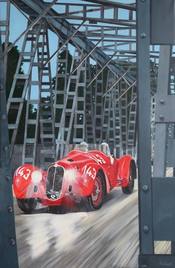 Alfa Romeo 8c 2900 wins 1938 Mille Miglia.|Original oil paint on linen,by artist Paul Smith.|H108 x L72 inches (H275 x L183cm)|SOLD.