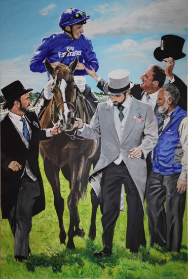 William Buick & Masar, winner 2018 Epsom Derby.|Original oil paint on linen canvas painting by artist Paul Smith.|H 108 x L72 inches (H275 x L183cm).| POA.