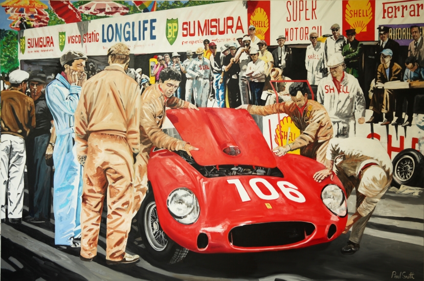 1958 Targa Florio. Olivier Gendebien, Luigi Musso, Ferrari Testa Rossa..| Original oil paint on Linen Canvas.|Painting by Artist Paul Smith.|72 x 108 inches (183 x 275 cm).|SOLD