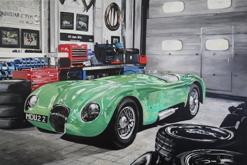 Workshop scene with Mint Green C Type jaguar of Stirling Moss.| Original Oil on Linen Canvas Painting by Artist Paul Smith.| 122 x 183 cm ( 48 x 72 inches).| SOLD