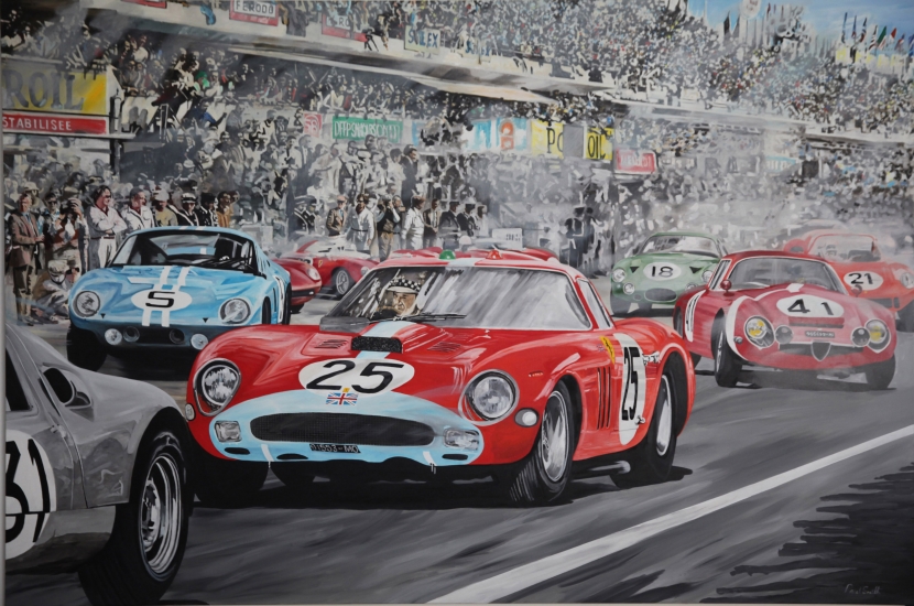 1964 Le Mans, Ferrari 250 GTO, Start.|Original oil paint on linen canvas painting by Artist Paul Smith.|H72 x L108 inches (H183 x L275 cm).| SOLD