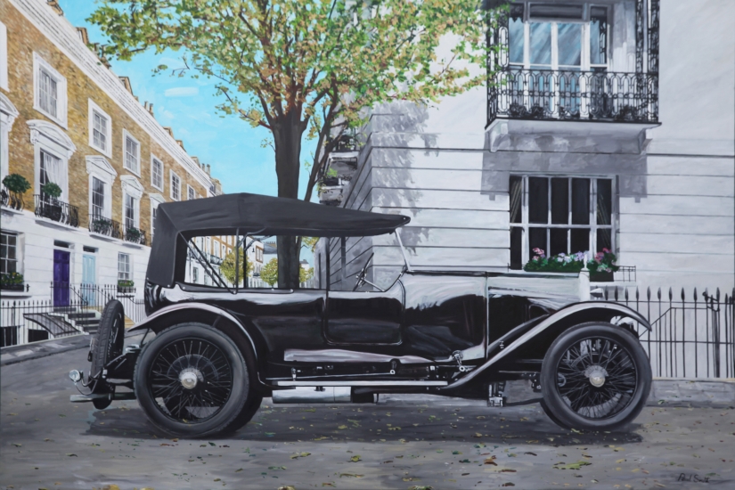 London Street scene with 1924 Aston Martin.|Original oil paint on linen canvas painting by artist Paul Smith.|72 x 108 inches (183 x 275 cm).|POA