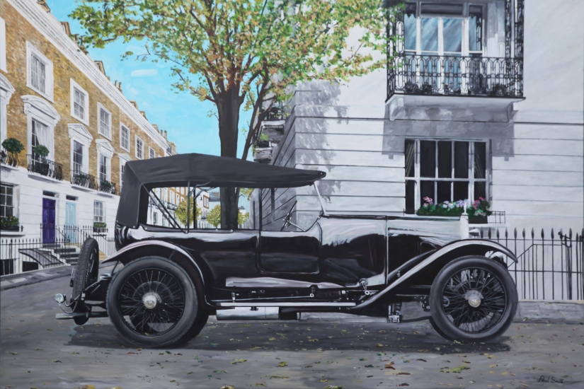 London Street scene with 1924 Aston Martin.|Original oil paint on linen canvas painting by artist Paul Smith.|72 x 108 inches (183 x 275 cm).|SOLD