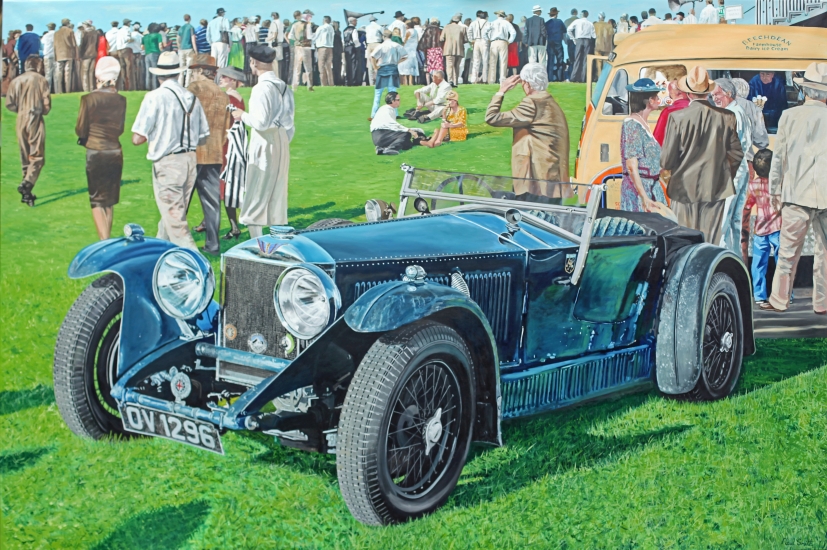 1931 Invictor Low Chassis Sport. ( Scout ).|Original oil paint on linen, by artist Paul Smith.|H183 x L275 cm. H72 x L 108 inches.|SOLD.