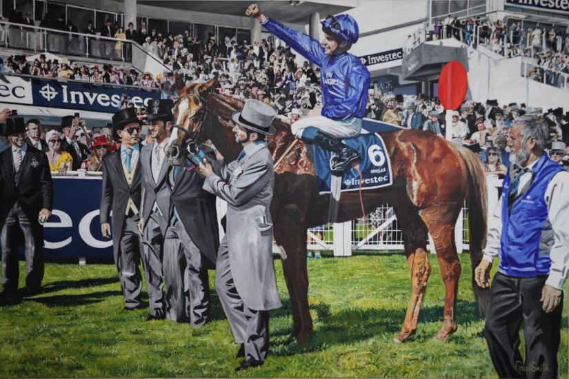 Masar wins 2018 Epsom Derby.|Original oil paint on linen canvas  painting by artist Pail Smith.|H72 x L108 inches (H183 x L275cm).| POA