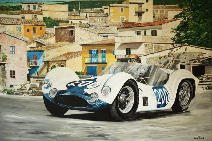 1960 Targa Florio, Nino Vaccarella, Umberto Maglolli, Maserati 61 Birdcage.| Original oil paint on Linen Canvas.|Painting by Artist Paul Smith.|72 x 108 inches (183 x 275 cm).|SOLD