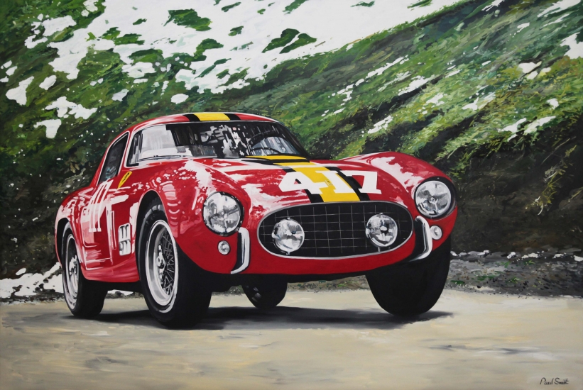 Mille Miglia 1957 Ferrari 250GT Berlinetta,driven by Gendebein and Washer.|Original oil on linen canvas painting by artist Paul Smith.|72 x 108 inches ( 183 x 275cm).|SOLD