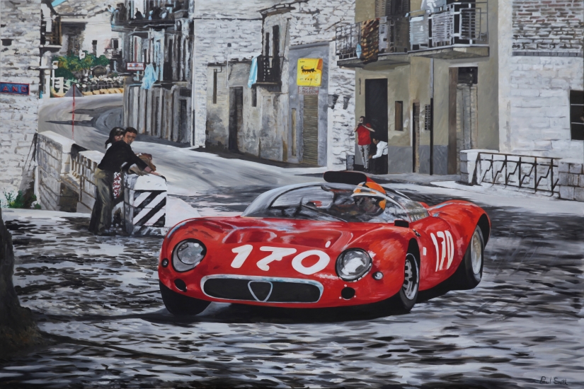 Targa Florio 1967.|Alfa Romeo T33.|Original oil paint on linen canvas painting by artist Paul Smith.|72 x 108 inches (183 x 275cm).|POA