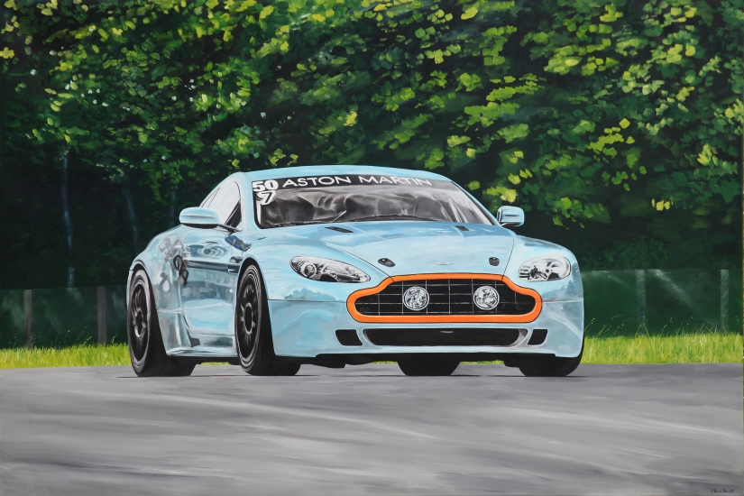 Aston Martin Vantage GT4 on the race curcuit at Spa.|Original oil paint on linen by artist Paul Smith.|H72 x L108 inches (H183 x L275cm).| SOLD