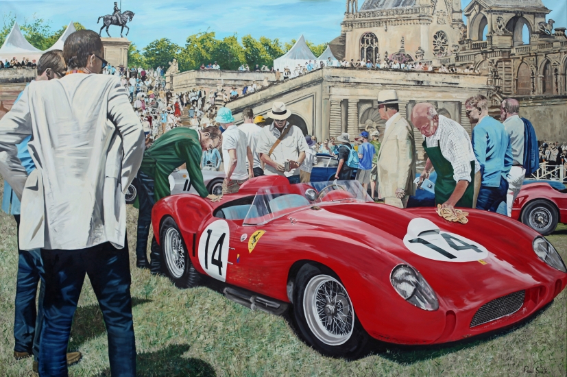 Ferrari Testa Rosa at Concourse de Elegance Chantilly.|Original oil paint on Linen by artist Paul Smith.|H72 x L108 inches , (H183 x L275cm).|Sold