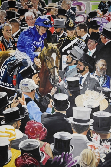 Winners Circle for Godolphin, Masar wins 2018 Epsom Derby.|Original Oil on Linen Canvas painting by artist Paul Smith.| 108 x 72 inches ( 275 x 183 cm).|Sold.|