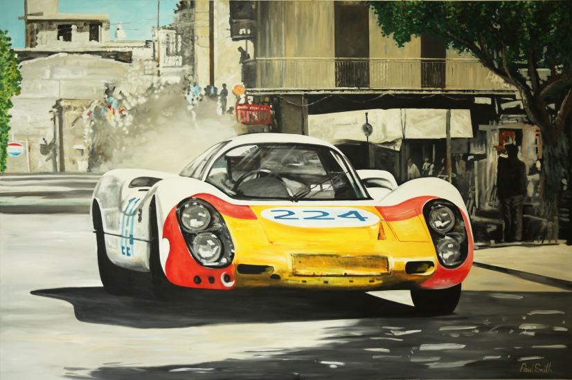 1968 Targa Florio, Vic Elford, Umberto Maglioli, Porsche 907/8..| Original oil paint on Linen Canvas.|Painting by Artist Paul Smith.|72 x 108 inches (183 x 275 cm).|SOLD