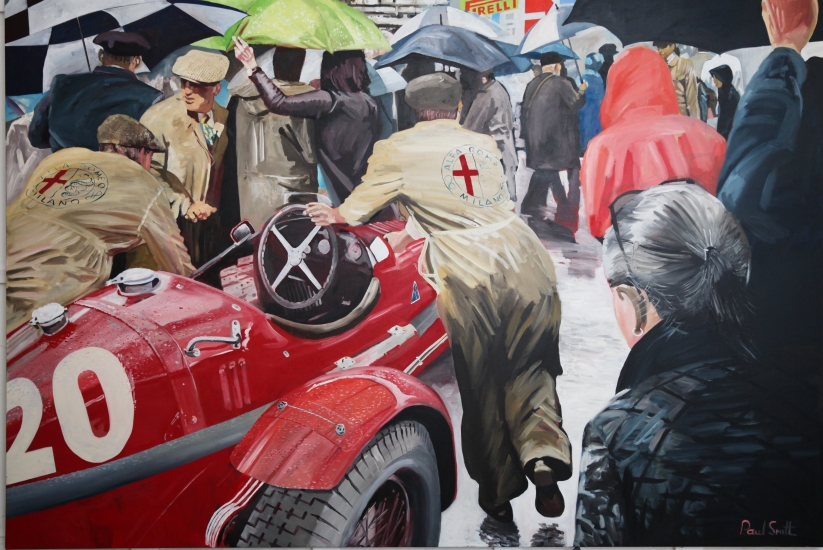 Alfa Romeo Monza in the rain at the Mille Miglia,| Original Oil on Linen Canvas painting by Artist Paul Smith.|72 x 108 inches ( 183 x 275cm).|SOLD