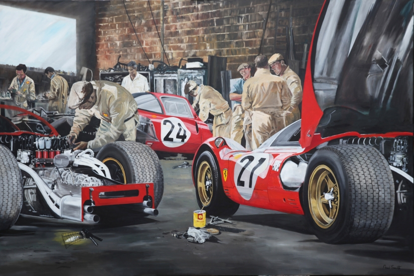 Ferrari 330 P4.|Le Mans 1967,Ferrari garage scene.|Original oil paint on linen canvas painting by artist Paul Smith.|72 x 108 inches (183 x 275cm).|SOLDA.