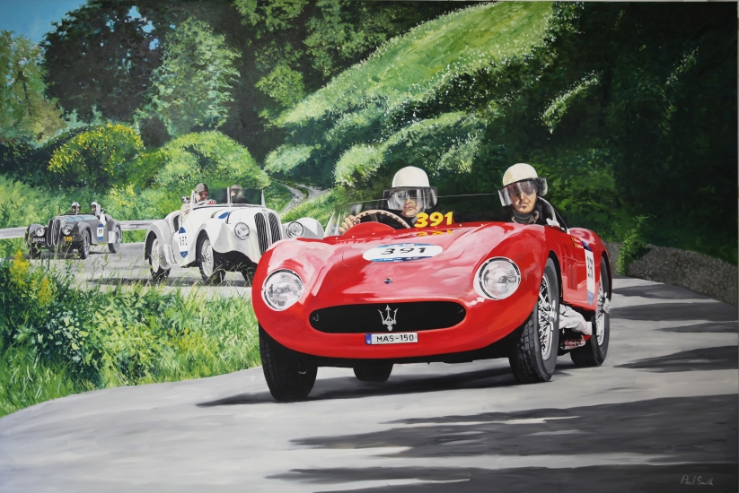 Mille Miglia 2018.|Original oil paint on linen canvas painting by Artist Paul Smith.|H72 x :108 inches (H183 x L275 CM).| SOLD