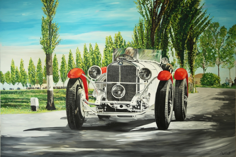 Mille Miglia 1928, Mercedes 710 SSK.| Original oil paint on Linen Canvas.|Painting by Artist Paul Smith.|72 x 108 inches (183 x 275 cm).|SOLD