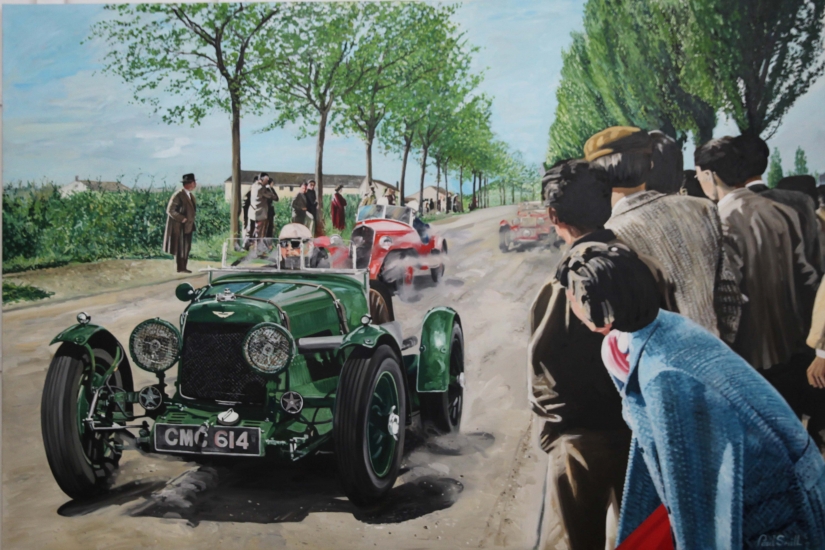 Aston Martin Ulster, Mille Miglia 1936,driven by Clark and Falkner.| Original oil on linen canvas painting by artist Paul Smith.|72 x 108 inches (183 x 275cm).|SOLD