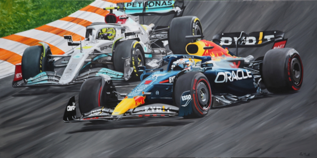 Max Verstappen wins 2022 Dutch GP at Zandvoort.|Original oil paint on Linen, by artist Paul Smith.H59 x L118 inches ( H150 x L 300 cm)POA