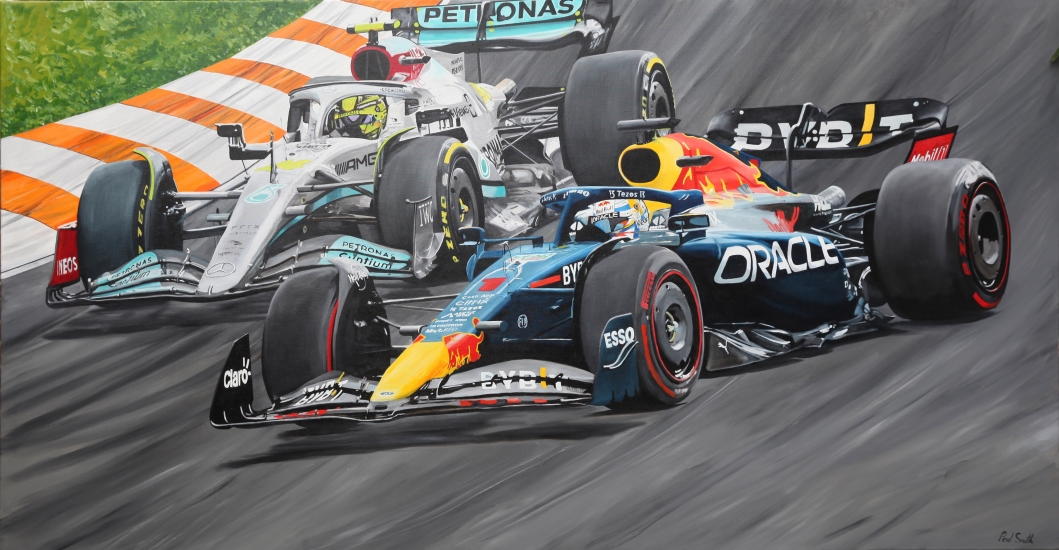Max Verstappen wins 2022 F1 Dutch GP at Zandvoort.|Original oil paint on linen canvas painting by artist Paul Smith.|59 x 118 inches (150 x 300cm).|POA