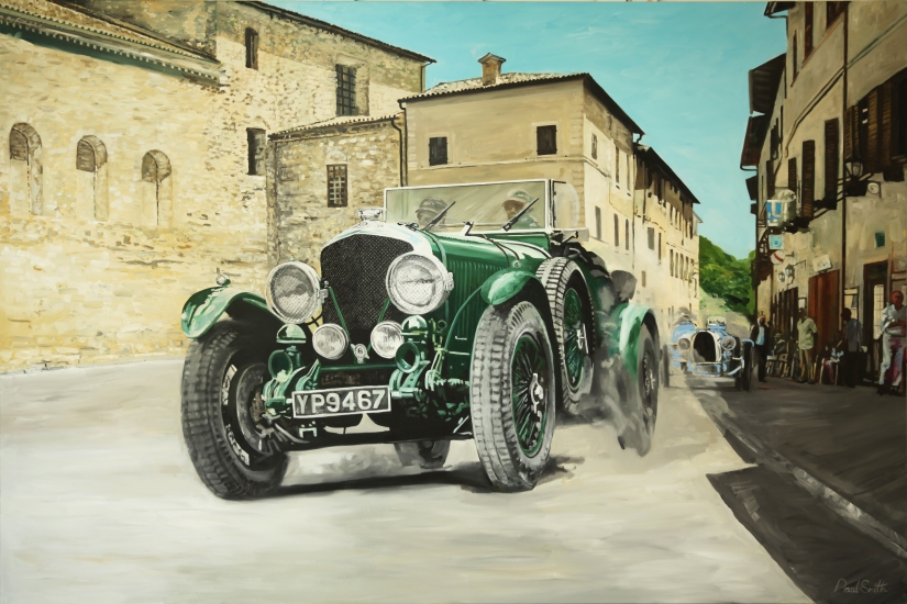 Mille Miglia, Bentley 6.5 Litre 1926.| Original oil paint on Linen Canvas.|Painting by Artist Paul Smith.|72 x 108 inches (183 x 275 cm).|SOLD