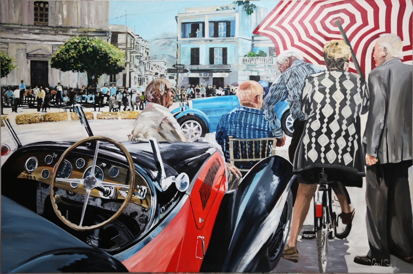 Mille Miglia.|Roadside view with two Bugatti.|H72 x L108 inches (H183 x L275cm).|Original oil paint on linen canvas painting by Artist Paul Smith.| SOLD