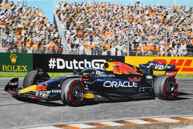 Dutch GP 2022.|Spectators cheer Max Verstappen.|Original oil paint on Linen,|by artist Paul Smith.H48 x L72 inches. (H122 x L183cm).|POA