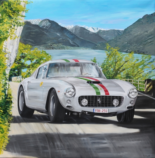 Ferrari 250 SWB Belinetta, at Lake Como.|Original oil paint on Linen, by artist Paul Smith.|H72 x L72 inches. (H183 x L183cm).|SOLD