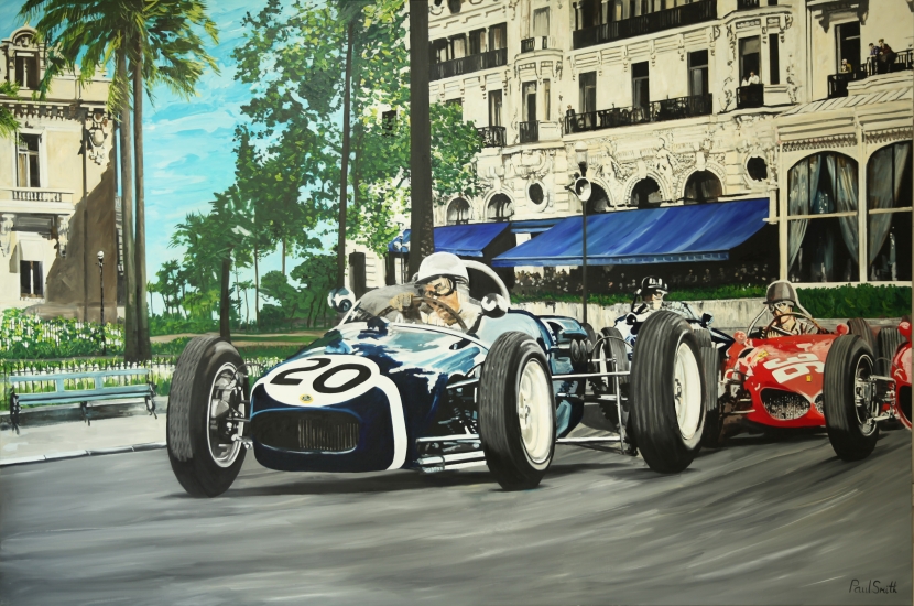 Monaco GP 1961, Stirling Moss Lotus 18.| Original oil paint on Linen Canvas.|Painting by Artist Paul Smith.|72 x 108 inches (183 x 275 cm).|SOLD