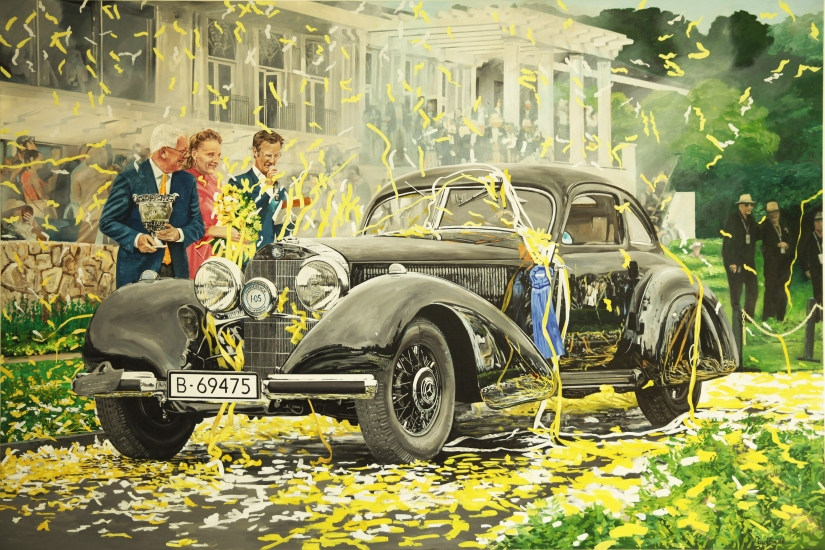 Best in show Pebble Beach Concourse d Elegance 2021.|Mercedes Benz 540K, Autobahn-Kurier.|Original oil paint on linen canvas painting by Artist Paul Smith.|H72 x L 108 inches (H 183 x L 275 cm).|� SOLD