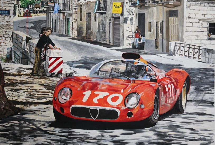 1967 Targa Florio, T33 Alfa Romeo.| Original Oil on Linen Canvas painting by Artist Paul Smith.|72 x 108 inches ( 183 x 275cm).|SOLD