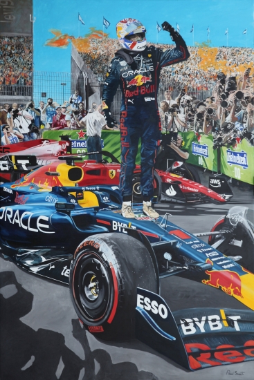 Max Verstappen celebrates winning 2022 Ductch F1 GP.|Original oil paint on Linen by artist Paul Smith.|H 108 x L72 inches (H275 x L183cm ).|POA.