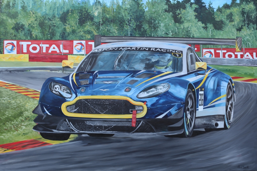 Aston martin DB3 race car at Spa Francorchamps.|Original oil paint on linen, by artist Paul Smith.|H48 x L72 inches (H122 x L183cm).|SOLD