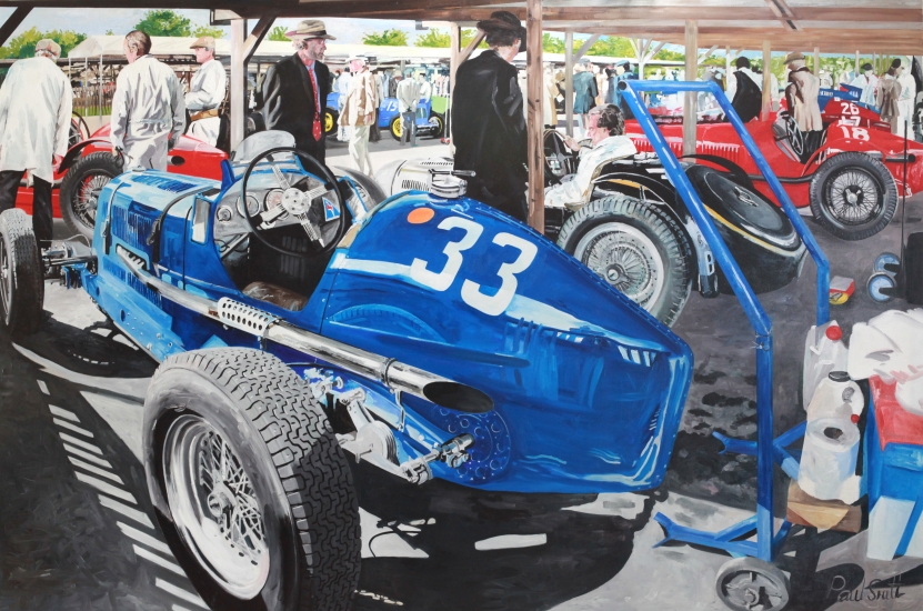 Goodwood Revival Paddock 2012,|ERA and Bugatti.|183 x 275 cm (72 x 108 inches).|Oil on Canvas.|SOLD