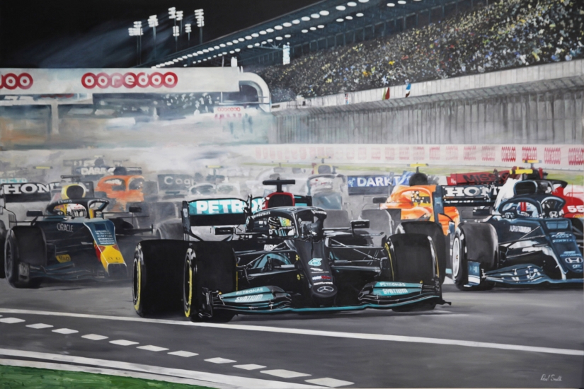 Lewis Hamilton.|2021 Qatar F1 GP Start.|Original oil paint on Linen canvas painting by artist Paul Smith.|H72 x W108 inches, I H183 x L275 cm).|£  POA.