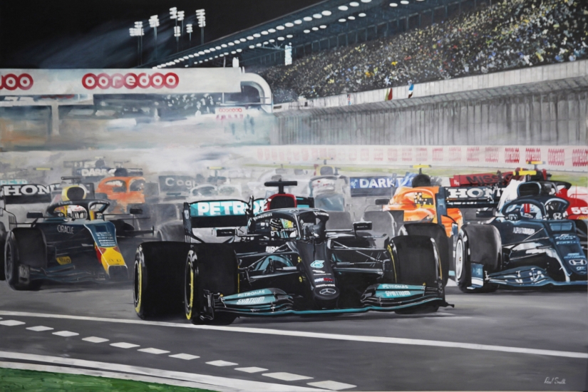 Lewis Hamilton, 2021 Qatar F1 GP Start.|Original oil paint on linen canvas painting by Artist Paul Smith.|H72 x L108 inches H183 x L275 cm)).| SOLD.