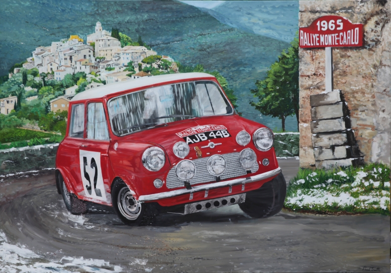 Monte Carlo Rally 1965.|Timo Makinen and Paul Eastern in the winning Mini Cooper S|Original oil paint on linen canvas painting by artist Paul Smith.|H55 x L78 inches (H140 x L200 cm).|POA