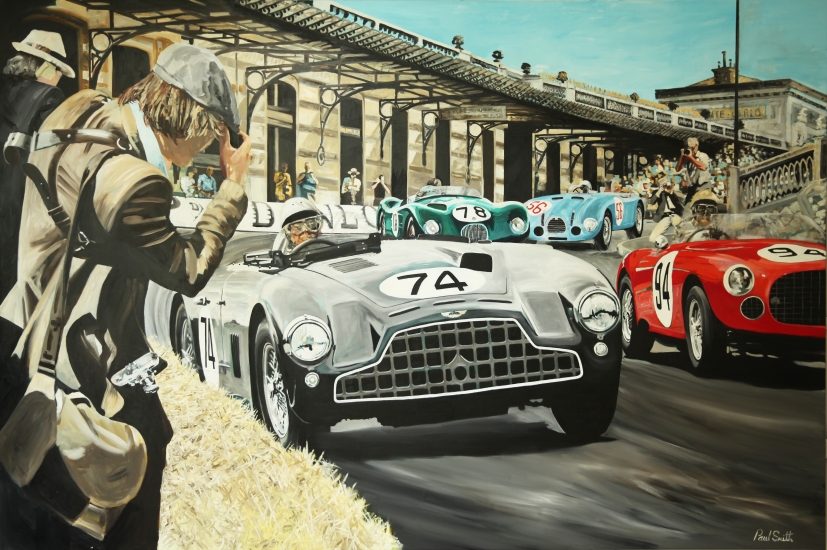 Monaco GP 1952, Aston Martin DB3, Ferrari 225 S, Gordini T16, Jaguar C Type.| Original oil paint on Linen Canvas.|Painting by Artist Paul Smith.|72 x 108 inches (183 x 275 cm).|SOLD