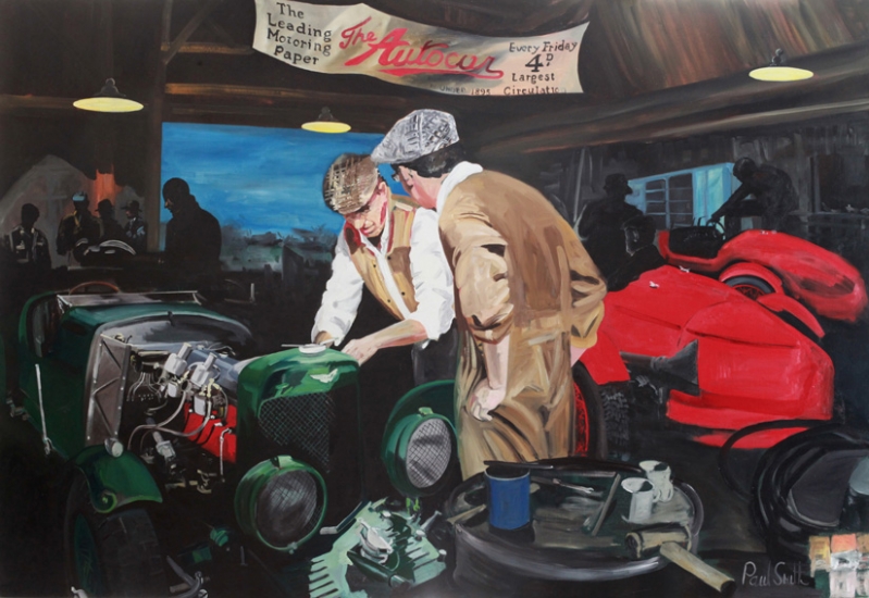 Le Mans 1934 workshop scene,|Aston Martin Ulster.|Oil on Canvas.|183 x 275 cm (72 x 108 inches).|SOLD