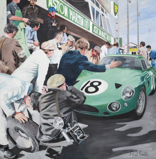 Pit scene,1963 Le Mans.|Aston Martin DP215 driven by|Phil Hill and Lucian Bianchi.|Oil on Canvas.|183 x 183 cm (72 x 72 inches).|SOLD