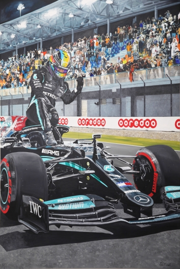 Lewis Hamilton celebrates at Parc Ferme 2021 Qatar F1 GP.|Original oil paint on linen canvas painting by Artist Paul Smith.|H108 x L72 inches ( H 275 x L 183 cm).| SOLD