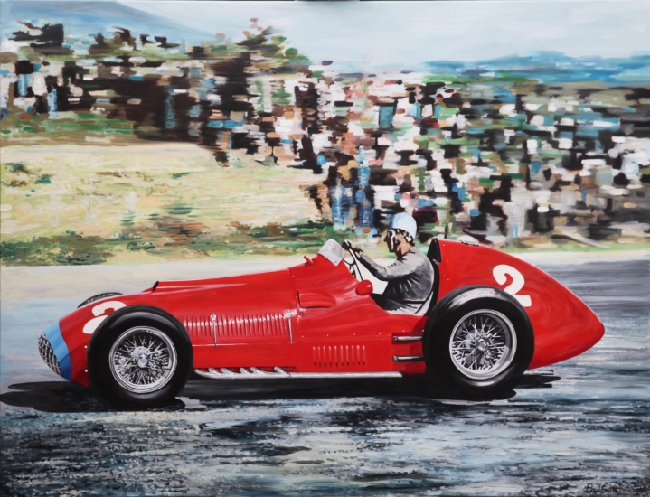 Alberto Ascari.|Ferrari 375 winning Italian GP 1955.|Original oil paint on Linen canvas painting by Paul Smith.| H46 x W60 inches ( H117 x W152 cm).|6500.