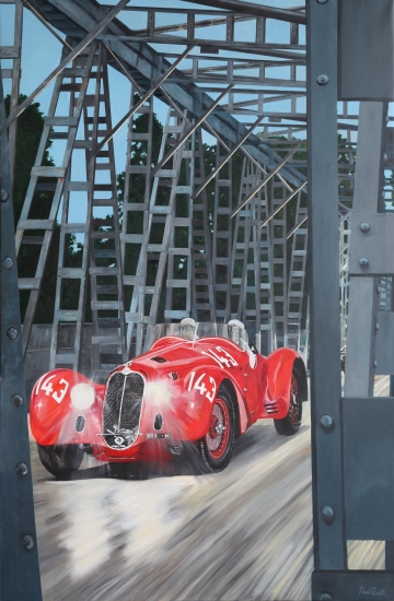 Alfa Romeo 8c 2900, wins Mille Miglia.|Original oil paint on linen canvas painting by artist Paul Smith.|H108 x L72 inches (H275 x L183cm).|POA.